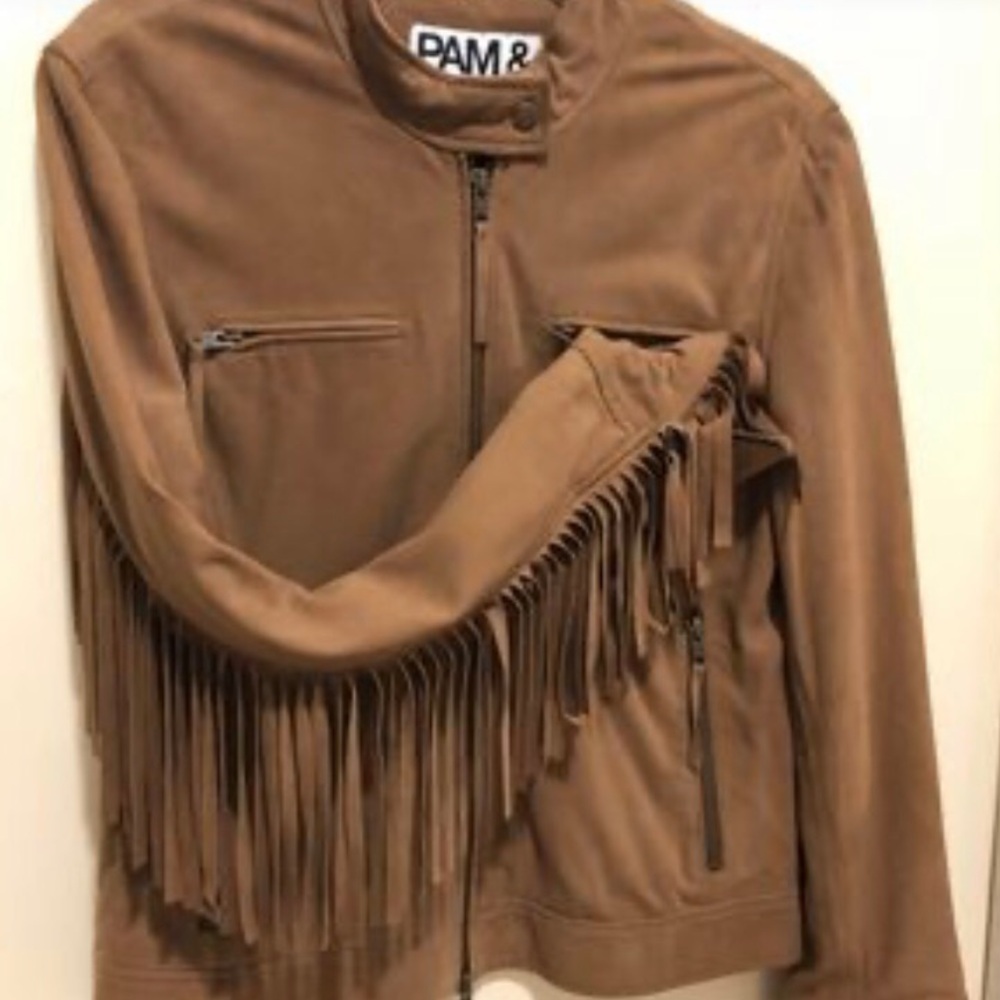 Womens Pam and Gela Fringed Lined Boho Western Cowgirl Suede Leather Tan Jacket